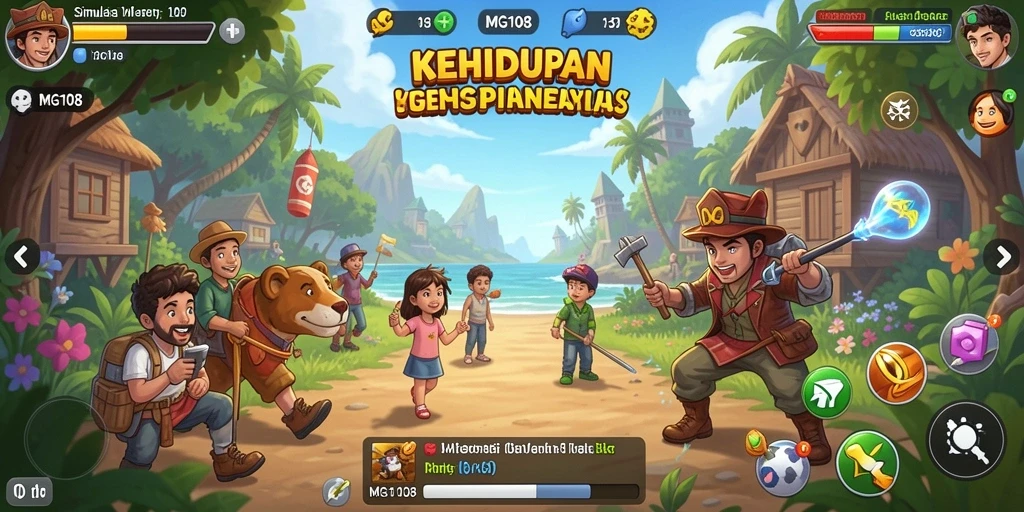 Tampilan utama gameplay MG108 dengan berbagai aktivitas simulasi.