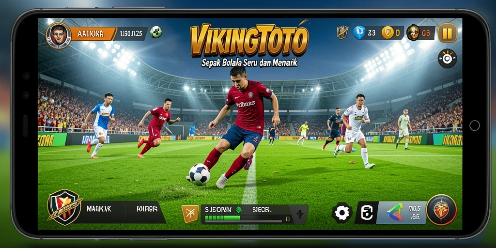 Screenshot permainan VIKINGTOTO yang menampilkan aksi sepak bola yang seru.